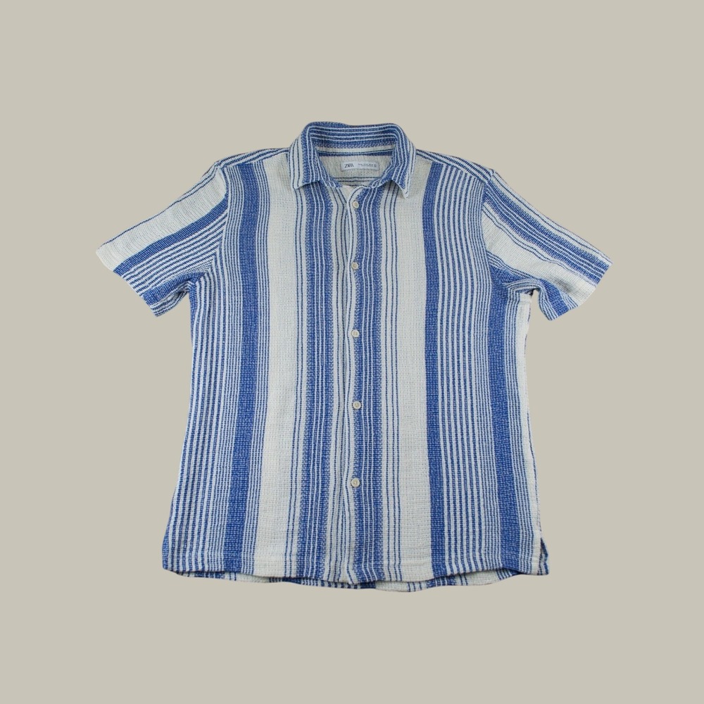 Zara Men Blue Cream Loose Knit Striped Short Sleeve Shirt M
